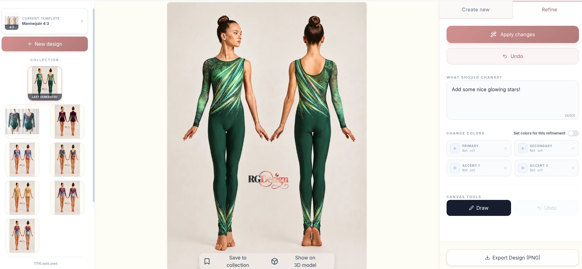 RGDesign Designer refinement workspace with a green full-length leotard shown from the front and back