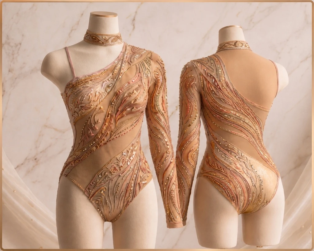 Front and back views of one champagne and ivory rhythmic-gymnastics leotard on dress forms