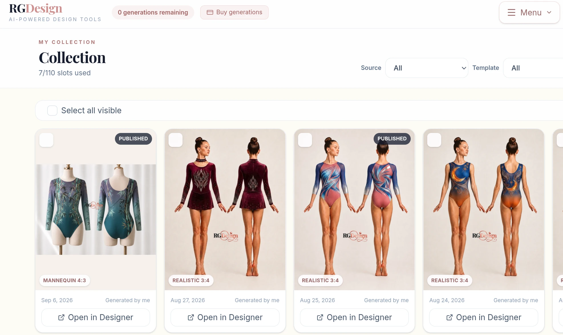 RGDesign My Collection screen showing saved designs and Open in Designer actions